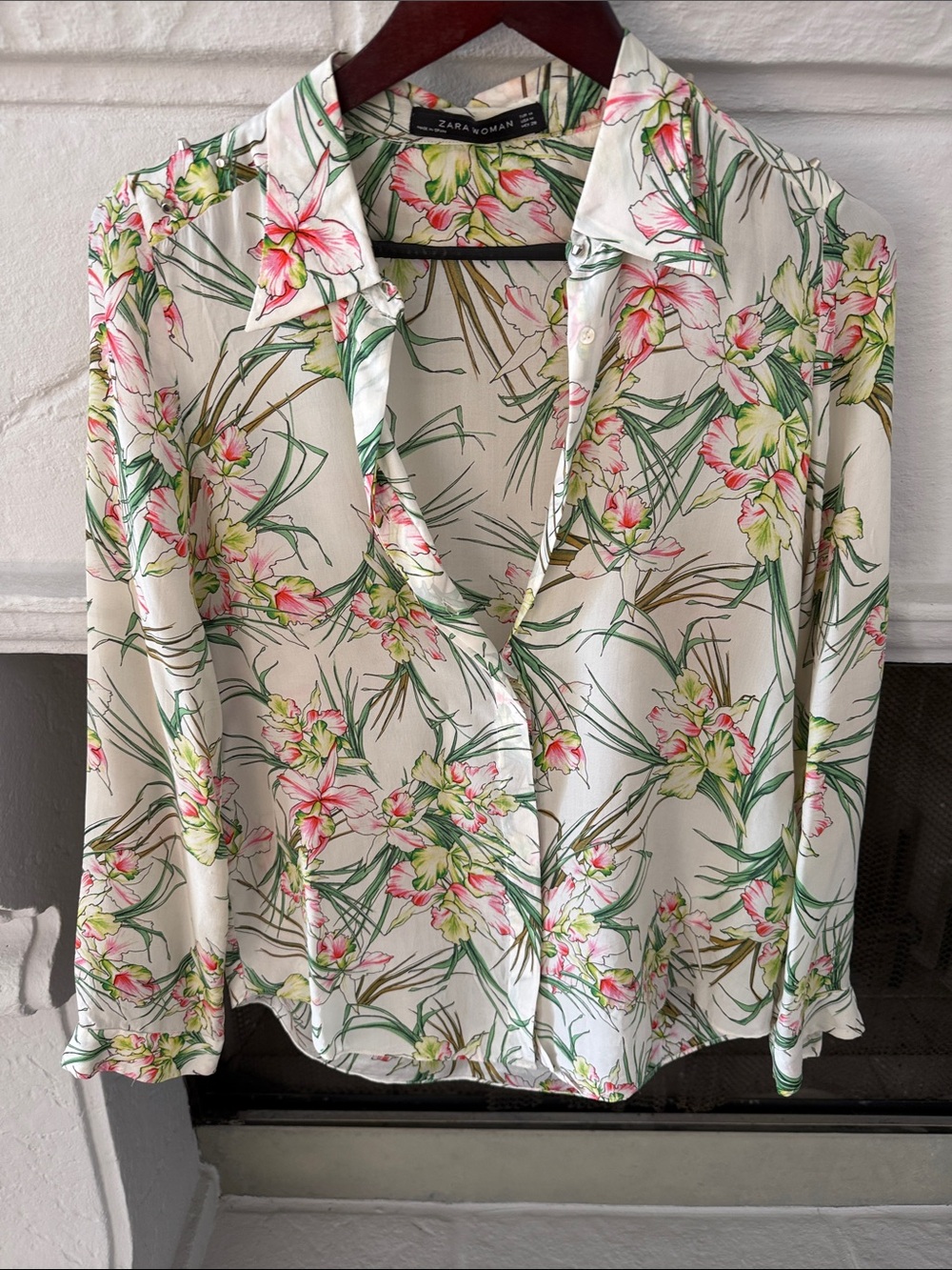 Zara Floral Button-Down Shirt in Cream, Pink & Green